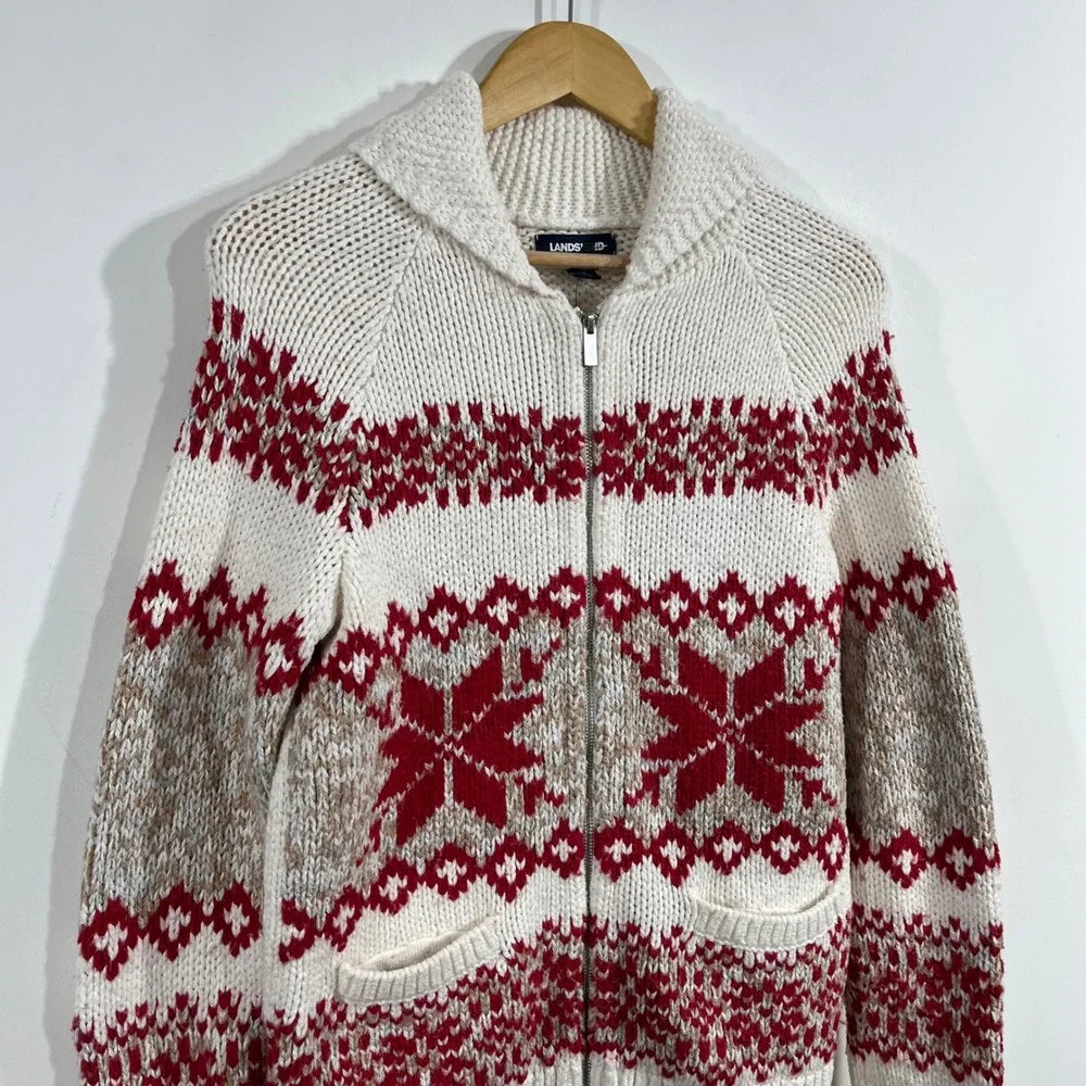 Lands End Womens Fair Isle Reindeer Zip Front Cardigan Sweater Small Nordic Ski